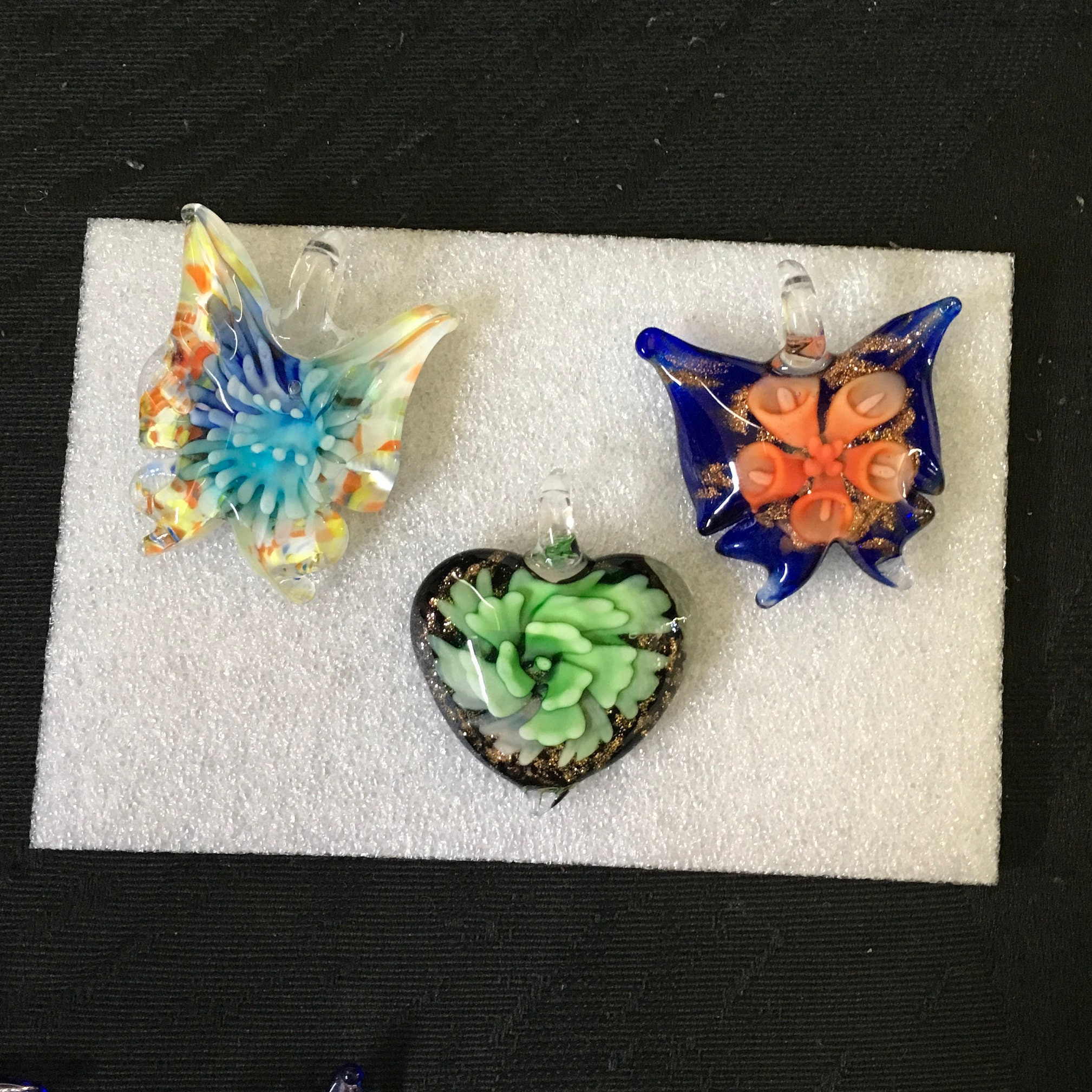 Bulk 3 pcs Crystal Glass Pendants, Butterflies & Hearts, Lampwork , Large Pendants, Large Hole,