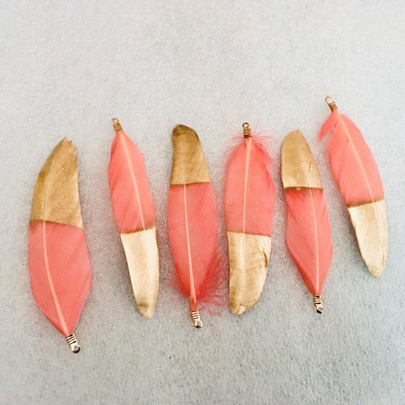 New 6pcs small Coral/Gold feathers, charm, tassel,Keychain ,Pendant necklace, jewelry making feathers  .
