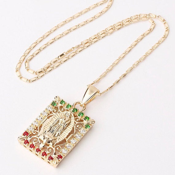 Beautiful Virgen de Guadalupe tricolor Pendant, men or women, catholic,religious  with gold tone stainless steel chain