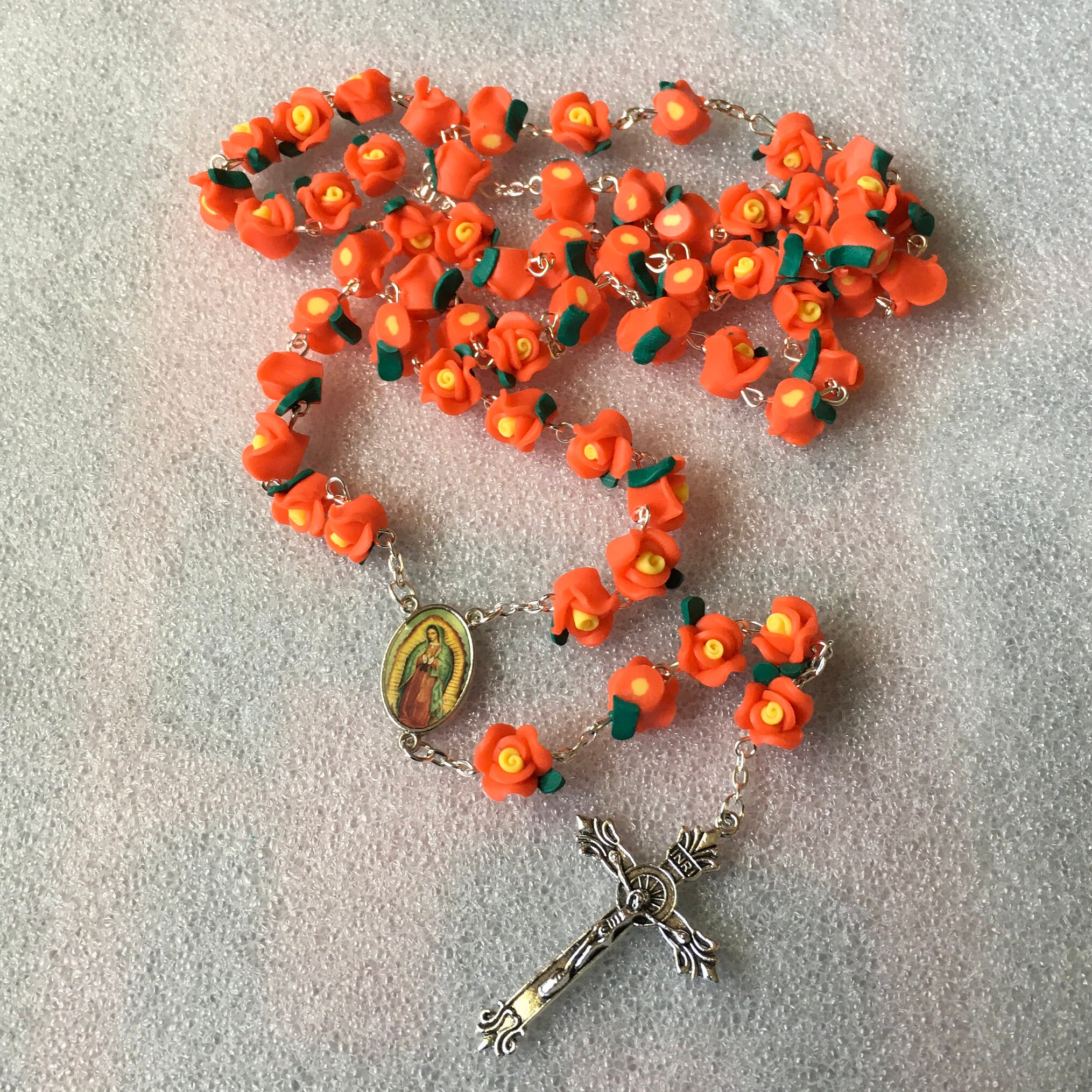 New Beautiful Orange roses virgin mary Rosary, Unique cross rosary, religious rosary, pray