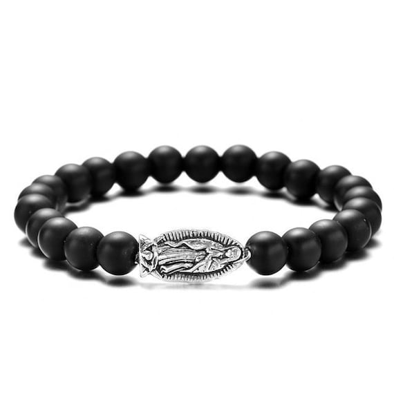 Virgen de Guadalupe bracelet Men or women 20cm stretch ,religious , Black 8mm beads,silver tone charm
