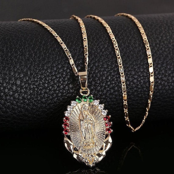 Virgen  of Guadalupe tricolor Pendant necklace, unisex, catholic,religious,gold electroplated stainless steel chain