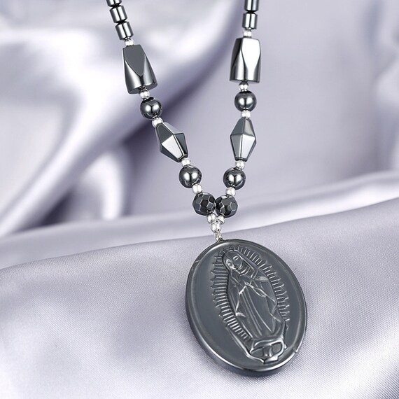Beautiful Hematite Virgen De Guadalupe necklace,hematite,Virgin Mary, Pray,Catholic Pendant