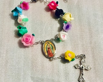 Virgen de Guadalupe Small Colorful roses Rosary bracelet with extender, unique rosary,religious,catholic,Virgin mary.