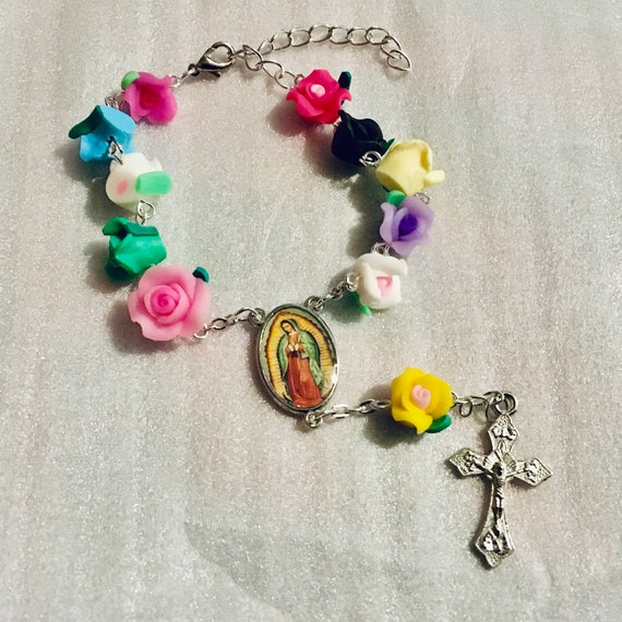 Virgen de Guadalupe Small Colorful roses Rosary bracelet with extender, unique rosary,religious,catholic,Virgin mary.
