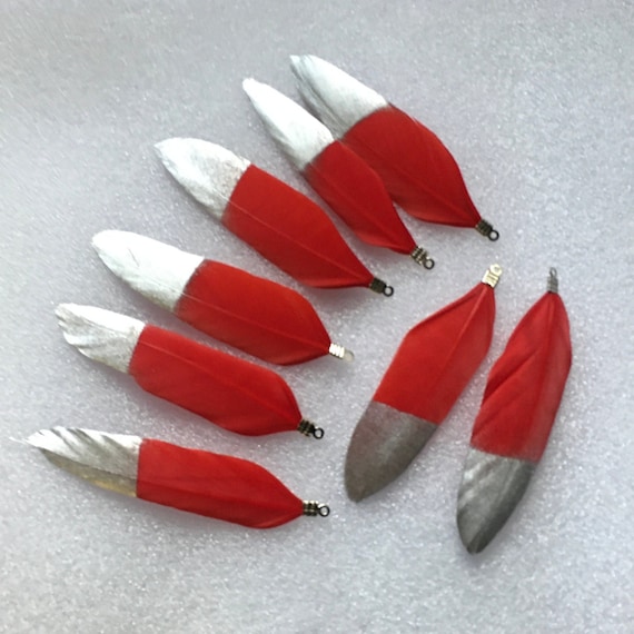 New 6pcs small Red/Silver feathers ,charm, tassel,Keychain ,Pendant necklace, jewelry making feathers  .