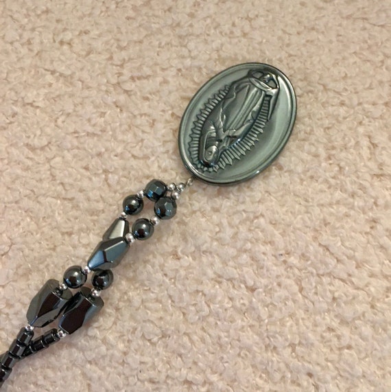 Beautiful Virgen de Guadalupe oval pendant  hematite, Virgin Mary ,catholic.
