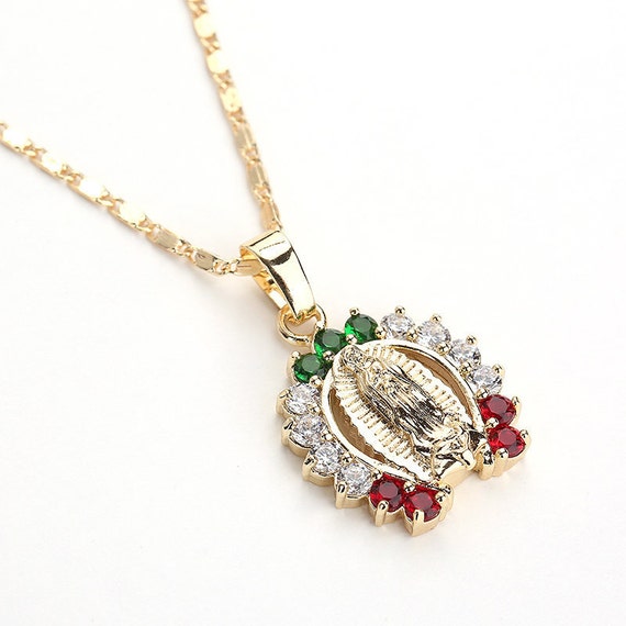 New Virgen de Guadalupe Tricolor Pendant ,catholic,religious,virgen maria, gold tone chain