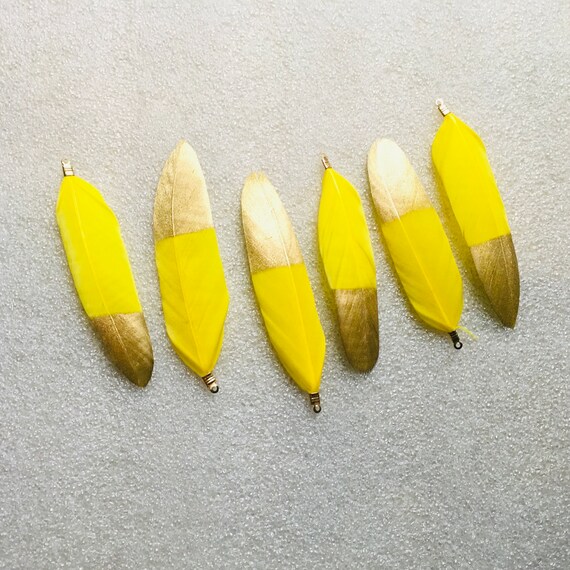 New 6pcs small Yellow/Gold feathers, charm, tassel,Keychain ,Pendant necklace, jewelry making feathers  .