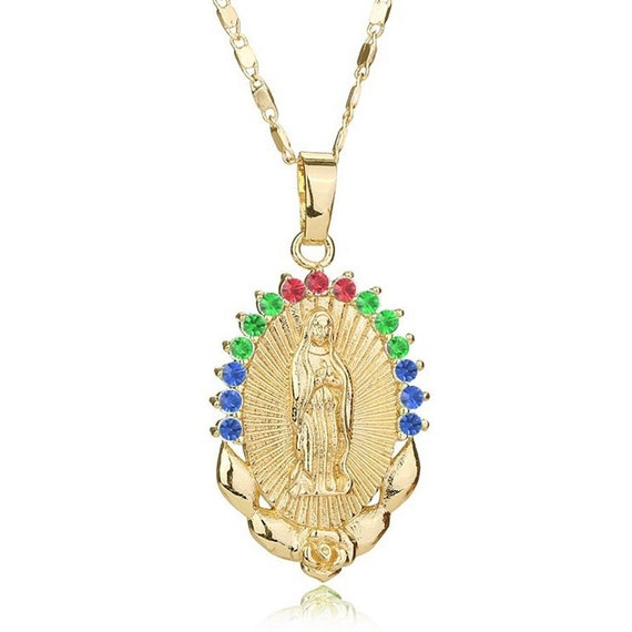 Beautiful Virgen of Guadalupe Pendant Necklace,catholic,religious ,Virgen Maria, Stainless steel gold tone chain