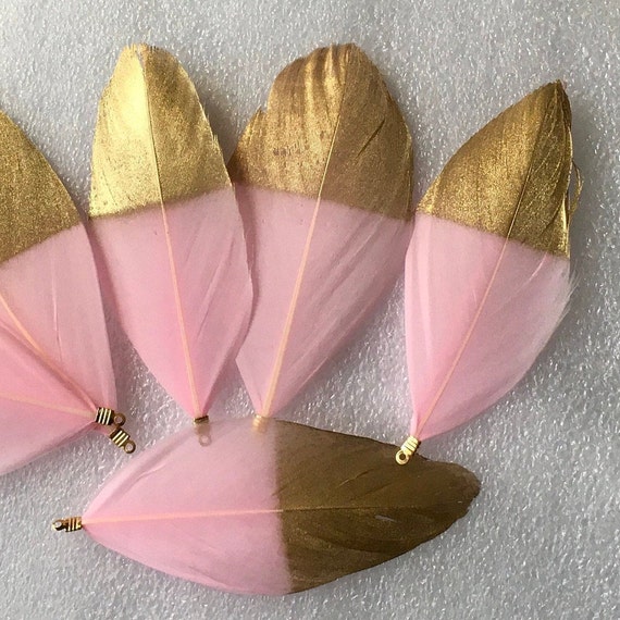 4pc medium Pink/Gold feathers ,jewelry making,earrings, charm, tassel,Keychain ,Pendant necklace .