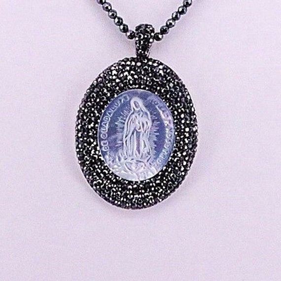 Gorgeous Virgen de Guadalupe Rhinestone crystal  pave oval pendant  long necklace , Virgin Mary shell,catholic.