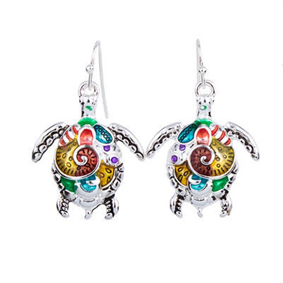 Beautiful small colorful Turtle Earrings, silver tone