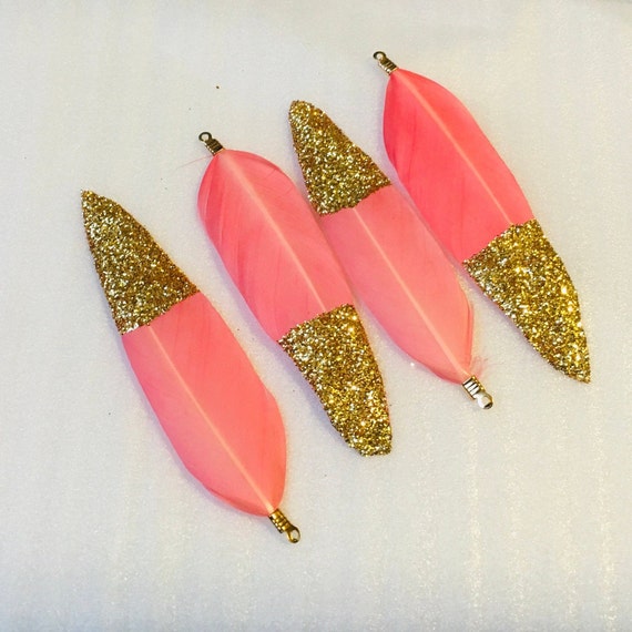 Jewelry making 4pcs small Coral/Gold glitter feathers, charm, tassel,Keychain ,Pendant necklace, jewelry making feathers  .