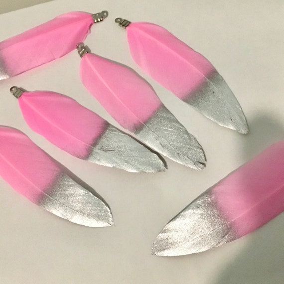 New 6pcs small Pink/Silver feathers ,charm, tassel,Keychain ,Pendant necklace, jewelry making feathers  .