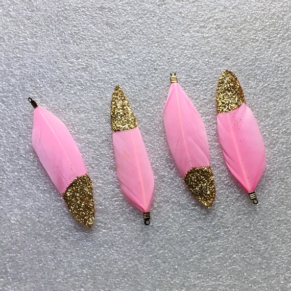 New 4pcs small Pink/Gold glitter feathers, charm, tassel,Keychain ,Pendant necklace, jewelry making feathers  .