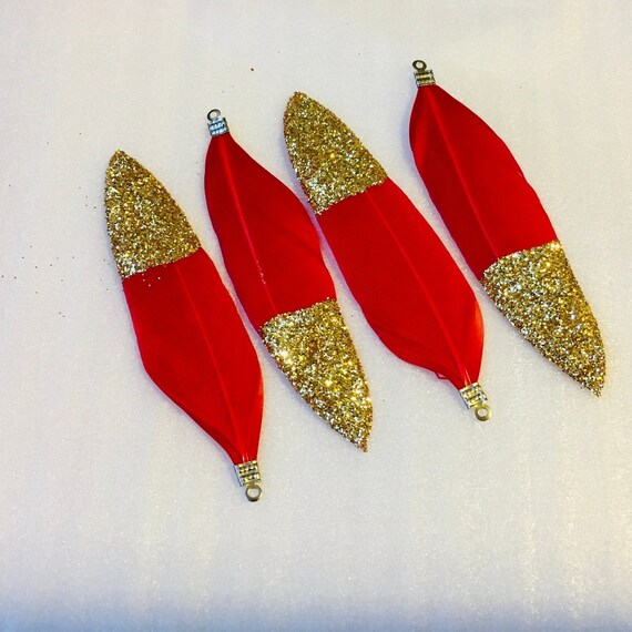 4pcs small Red/Gold glitter feathers, charm, tassel,Keychain ,Pendant necklace, jewelry making feathers  .
