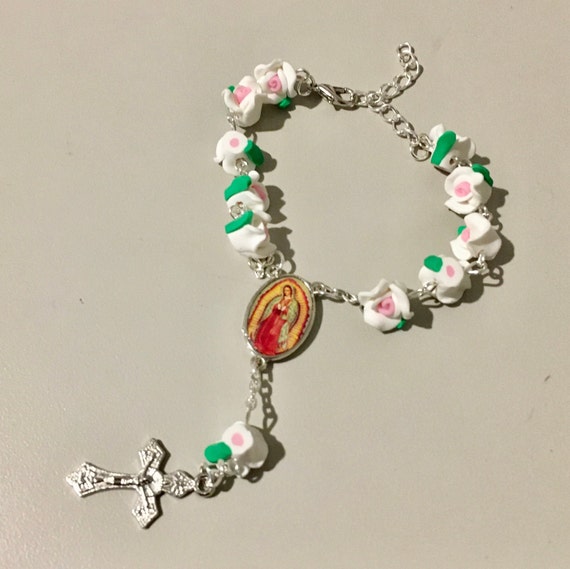 Virgen de Guadalupe White Roses decade Rosary  Bracelet.