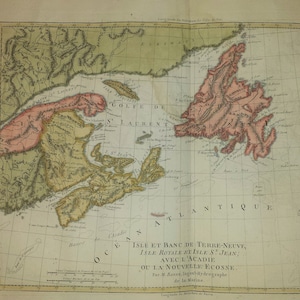Isle et Banc de Terre-Neuve, Isle Royale et Isle St. Jean Avec L'Acadie Ou la Nouvelle Ecosse (Atlantic Canada) Rigobert Bonne c.1787