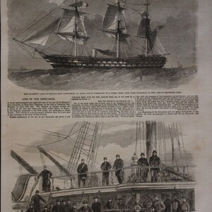 May include: A black and white illustration of a ship, the HMS Conqueror, which ran aground on a coral reef. The image shows the ship from the side, with its sails billowing in the wind. The caption below the image reads "Her Majesty's Line-of-Battle Ship Conqueror, 101 Guns, which Stranded on a Coral Reef, Hum Cayo, Bahamas, on the 6th of December last."