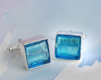 Murano glass cufflinks set in sterling silver, Father's Day gift idea, Turquoise Blue Square Cufflinks, Gift for Groom, Husband anniversary