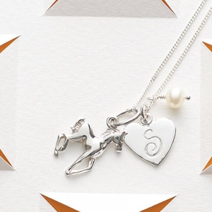 Collar con dije de caballo con piedras de nacimiento semipreciosas reales y dije con letras en plata de primera ley.