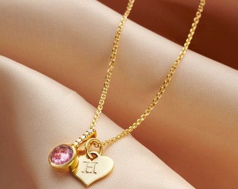 Pink tourmaline necklace with gold heart initial charm and real diamonds, October birthstone necklace, New Mom gift, 50th birthday gift