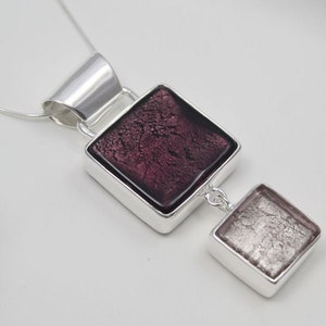 Murano Glass Silver Double Square Pendant in Purple Tones, Real Handmade Venetian Glass Necklace, 60th Birthday Gift Idea for Her