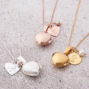 Collar con medallón fotográfico personalizado en forma de corazón en plata de ley con piedras de nacimiento semipreciosas reales y dijes iniciales en forma de corazón o círculo