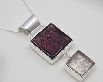 Murano Glass Silver Double Square Pendant in Purple Tones, Real Handmade Venetian Glass Necklace, 60th Birthday Gift Idea for Her