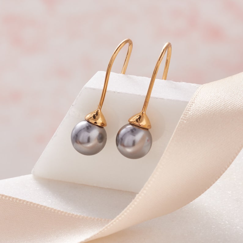 Soft grey pearl earrings in gold, Long drop pearl earrings, Modern pearl earrings, Gold hook earrings, Minimalist gold dangle earrings image 4