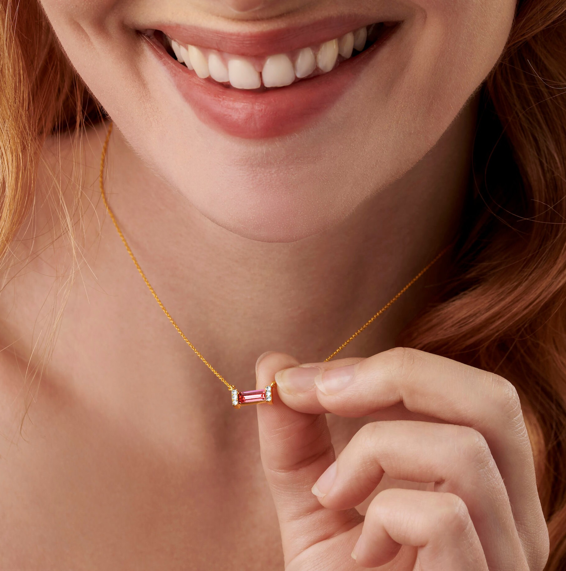 Pink Tourmaline Birthstone Baguette Necklace in Gold Vermeil