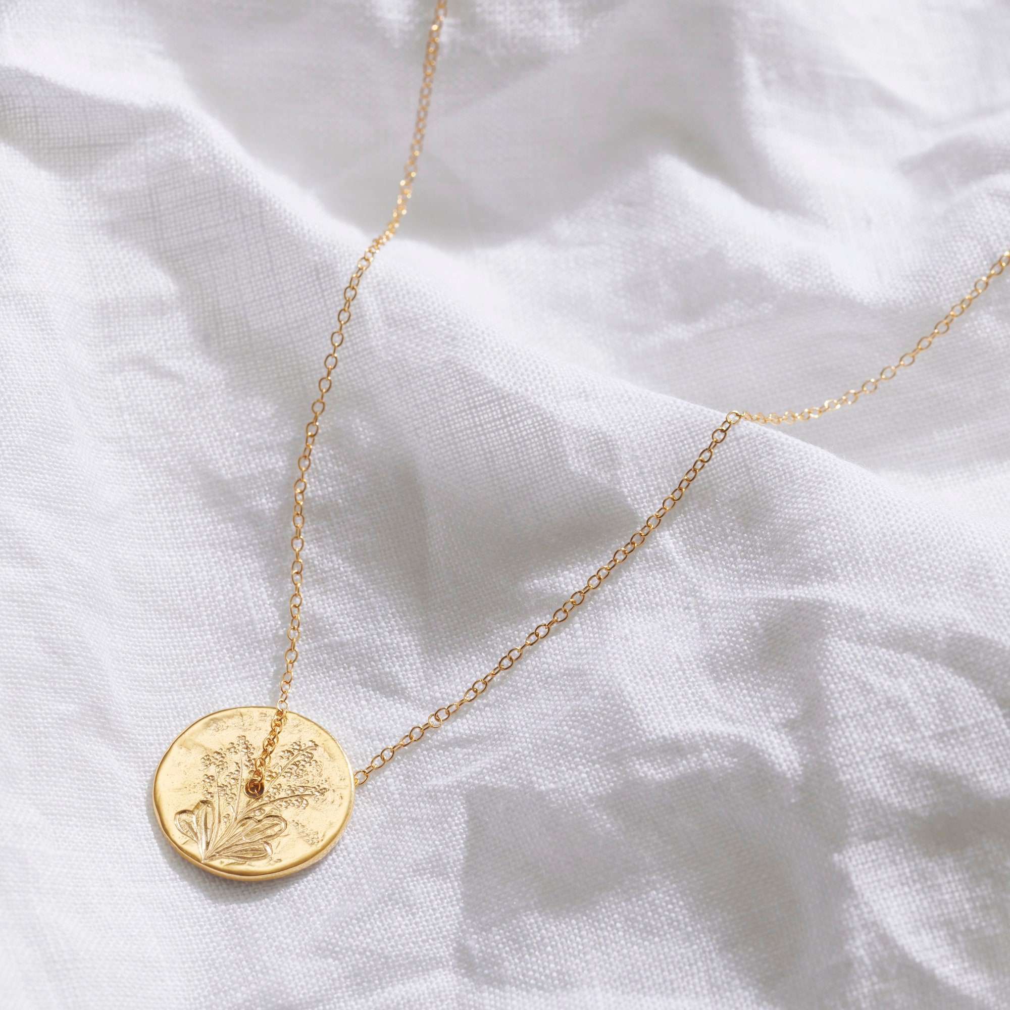 September Birth Flower Necklace, Forget Me Not Necklace, Gold Coin 