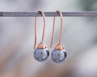 Grey pearl drop earrings in rose gold vermeil, Pearl dangle earrings, pearl earrings for bridesmaids,