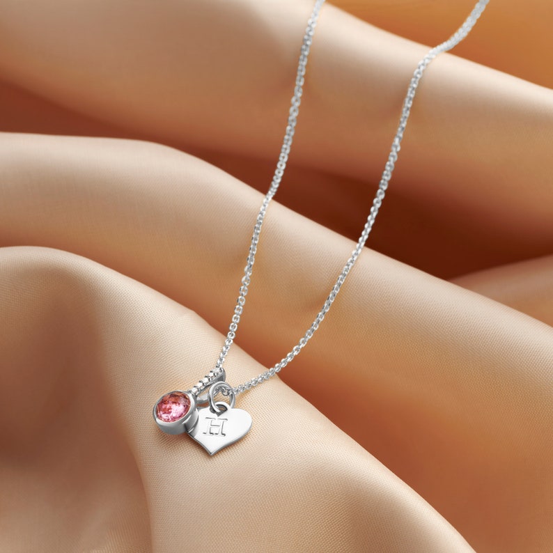 Real semi precious birthstone necklace with diamonds with personalised initial heart charm in sterling silver image 3