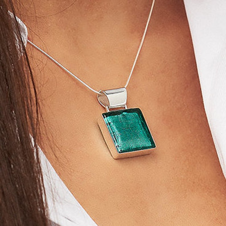 Handmade Genuine Murano Glass Emerald Green Square Pendant Necklace, 50th birthday gift idea, Venetian glass, 60th birthday gift for her image 2