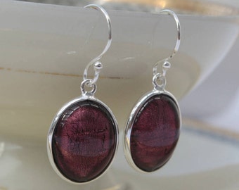 Plum Earrings, Deep purple earrings, Oval Dangle Earrings, sterling silver oval earrings, Women's Gift Idea, 60th birthday gift, Murano