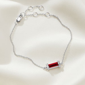 Garnet bracelet in sterling silver, Dainty baguette bracelet, January birthstone bracelet, 30th birthday gift for her, Red stone bracelet image 2