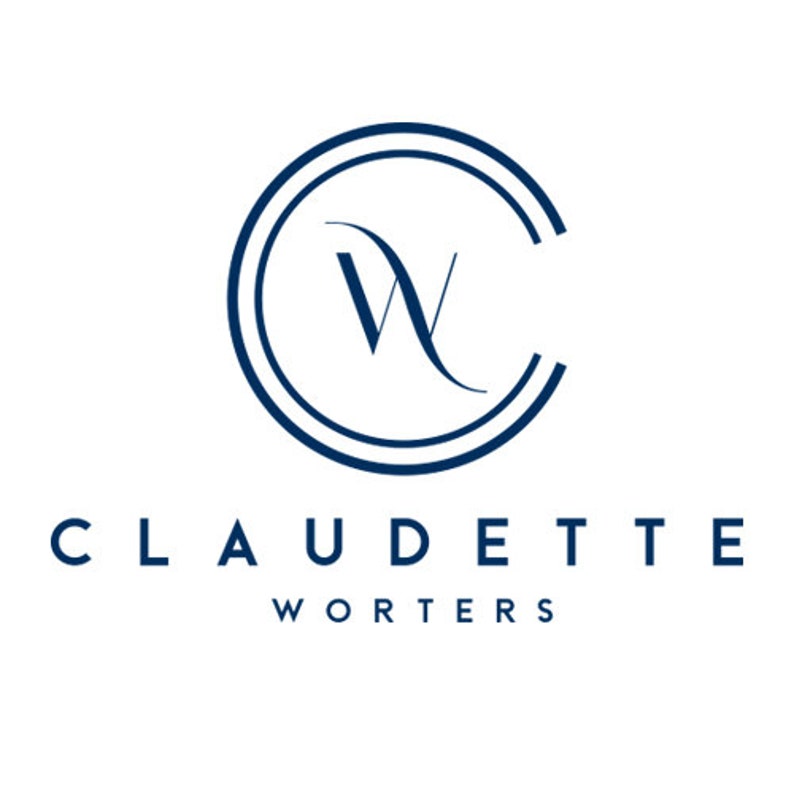 May include: A logo for Claudette Wortters, featuring a stylized "W" inside a double circle, in navy blue.