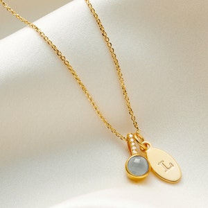 Collar de aguamarina con diamantes y dije de letra en oro vermeil, delicado collar con piedra de nacimiento, piedra de nacimiento de marzo, regalo de 40 cumpleaños, regalo para mamá