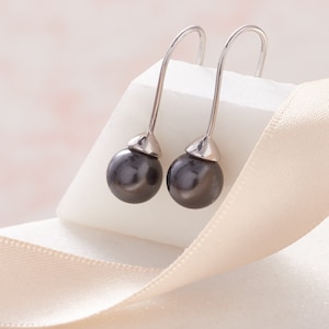 Round Tahitian Black Pearl Drop Earrings in Real Silver