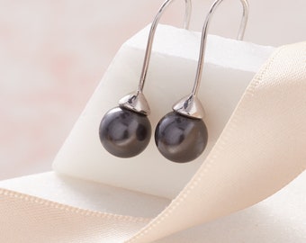 Round Tahitian Black Pearl Drop Earrings in Real Silver