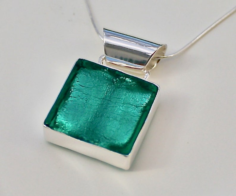 Handmade Genuine Murano Glass Emerald Green Square Pendant Necklace, 50th birthday gift idea, Venetian glass, 60th birthday gift for her image 1