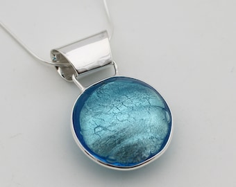 Circle Pendant, Handmade Necklace, Aqua Blue Pendant, Murano Glass Circle, Silver Circle, Blue Glass, Gift for Mum, Gift for her