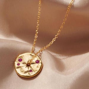 Emerald birthstone pendant in 18 carat gold plated sterling silver, May birthday coin necklace, Real emerald spinner disc, 40th birthday her Ruby (July)