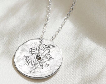 Snowdrop birth flower spinner necklace, January birthday gift, Silver medallion necklace, Silver coin floral pendant, Silver disc necklace