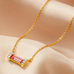 Pink Tourmaline Birthstone Baguette Necklace in gold vermeil, October birthday birthstone pendant, Pink crystal necklace, Mother's Day Gift image 2