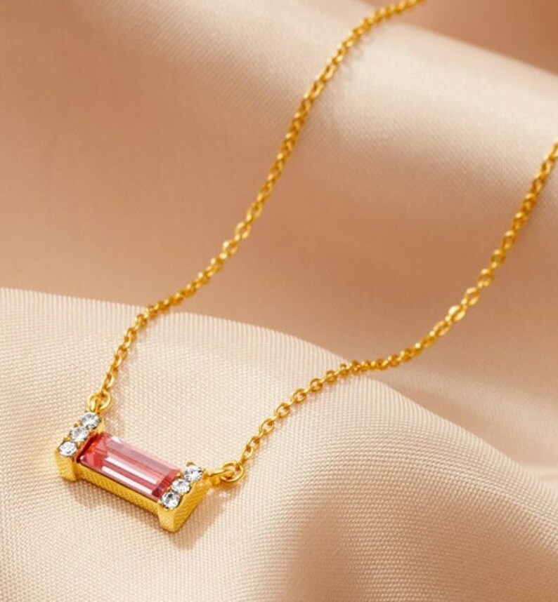 Pink Tourmaline Birthstone Baguette Necklace in gold vermeil, October birthday birthstone pendant, Pink crystal necklace, Mother's Day Gift image 2