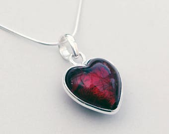 Murano Glass Heart Pendant - Ruby Wedding Anniversary Gift - Sterling Silver Pendant - Ruby Red Pendant - Valentine Necklace