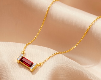 Garnet Birthstone Baguette Necklace in 18 carat gold vermeil, January birthday birth stone pendant, Mother's Day Gift, 50th birthday idea